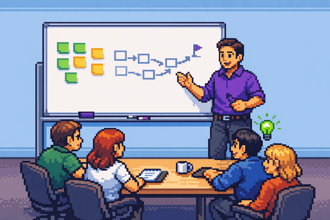 Product coach facilitating a workshop with a team having an aha moment at a whiteboard