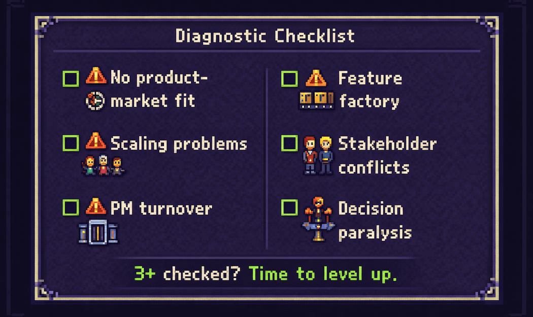 Six warning signs your team needs a product coach: no product-market fit, scaling problems, PM turnover, feature factory, stakeholder conflicts, decision paralysis