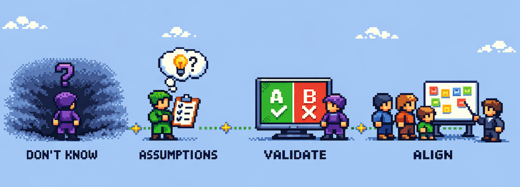 Four product discovery situations illustrated as a pixel art journey: Don't Know the Problem, Have Assumptions, Validate Solutions, and Align Stakeholders