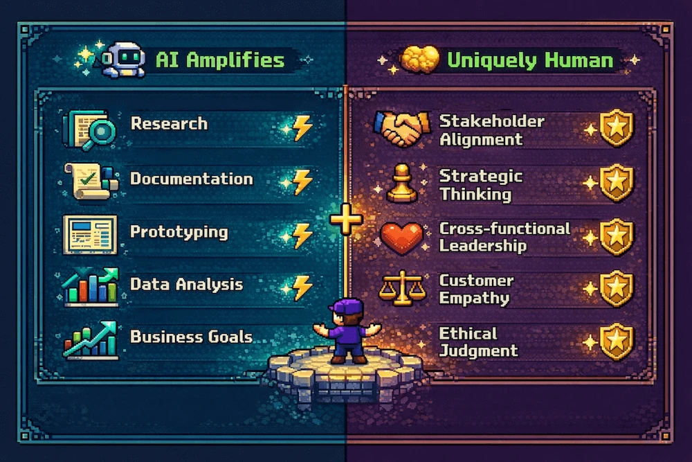 AI skills vs uniquely human skills for product managers: research and documentation amplified by AI, stakeholder alignment and empathy remain human
