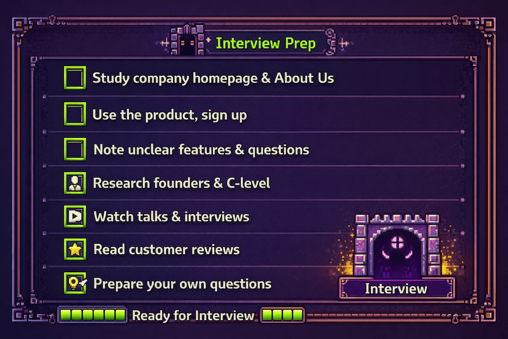 Interview preparation quest log: study company homepage, use the product, research founders, watch talks, read reviews, prepare questions
