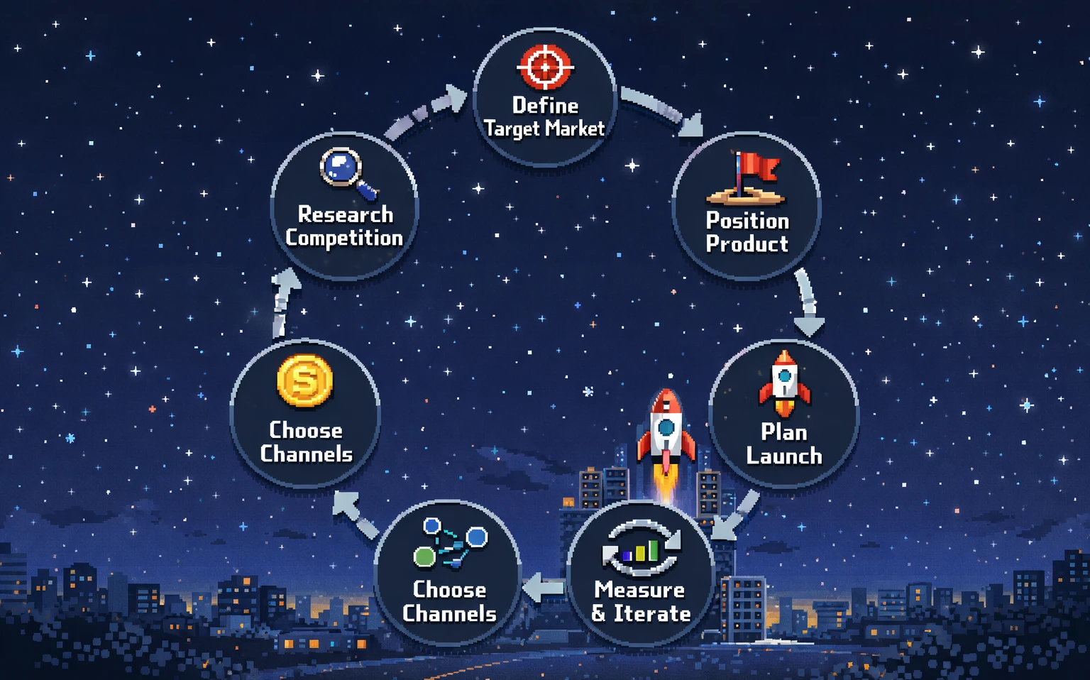 The 7-step go-to-market strategy framework showing the sequential process from market definition to measurement