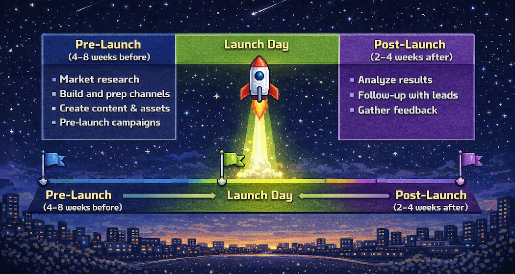 Go-to-market launch timeline showing pre-launch, launch, and post-launch phases with key activities