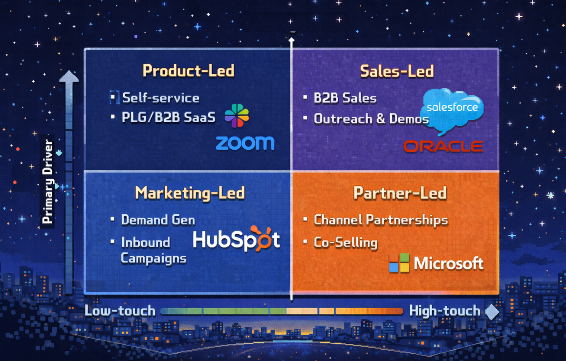 Four go-to-market strategy types compared in a 2x2 matrix showing Sales-Led, Product-Led, Marketing-Led, and Partner-Led approaches
