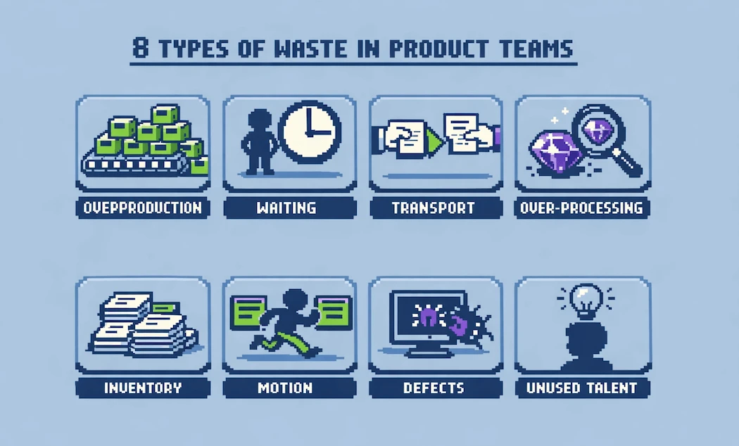 8 types of waste in product development adapted from Toyota's lean methodology for digital product teams