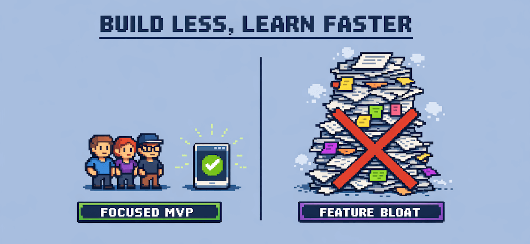 Team building a tiny product while a long unused feature list sits in the background