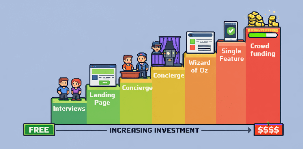 The Validation Spectrum: progression from interviews (cheapest) to full product (most expensive)