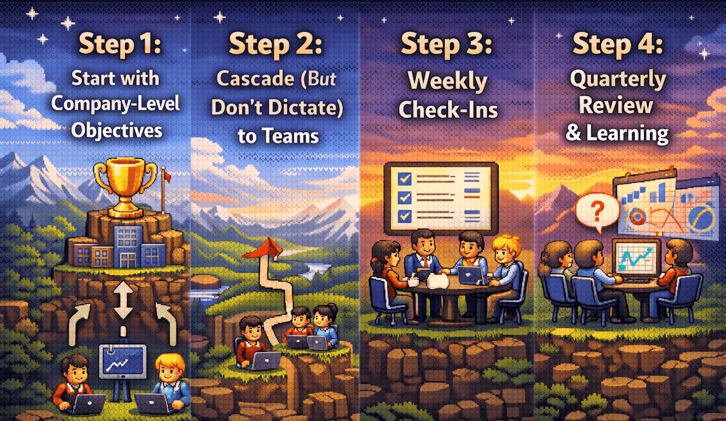 OKR implementation 4-step process: Company objectives, team cascade, weekly check-ins, quarterly review