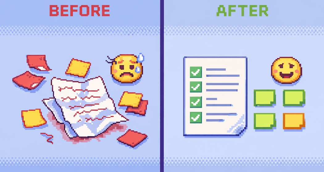 Before and after OKR transformation showing messy workshop drafts on the left and coached versions on the right