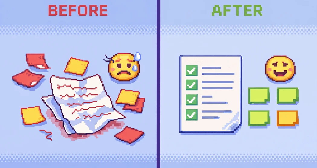 Before and after OKR transformation showing messy workshop drafts on the left and coached versions on the right
