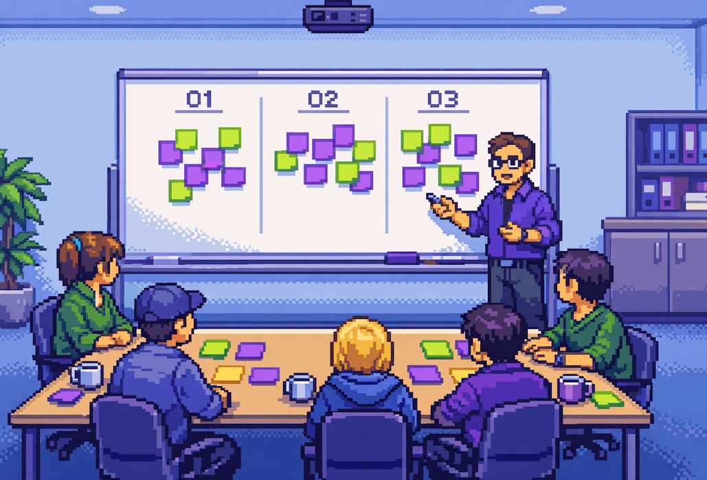 Product coach facilitating an OKR workshop with a team around a whiteboard with OKR sticky notes