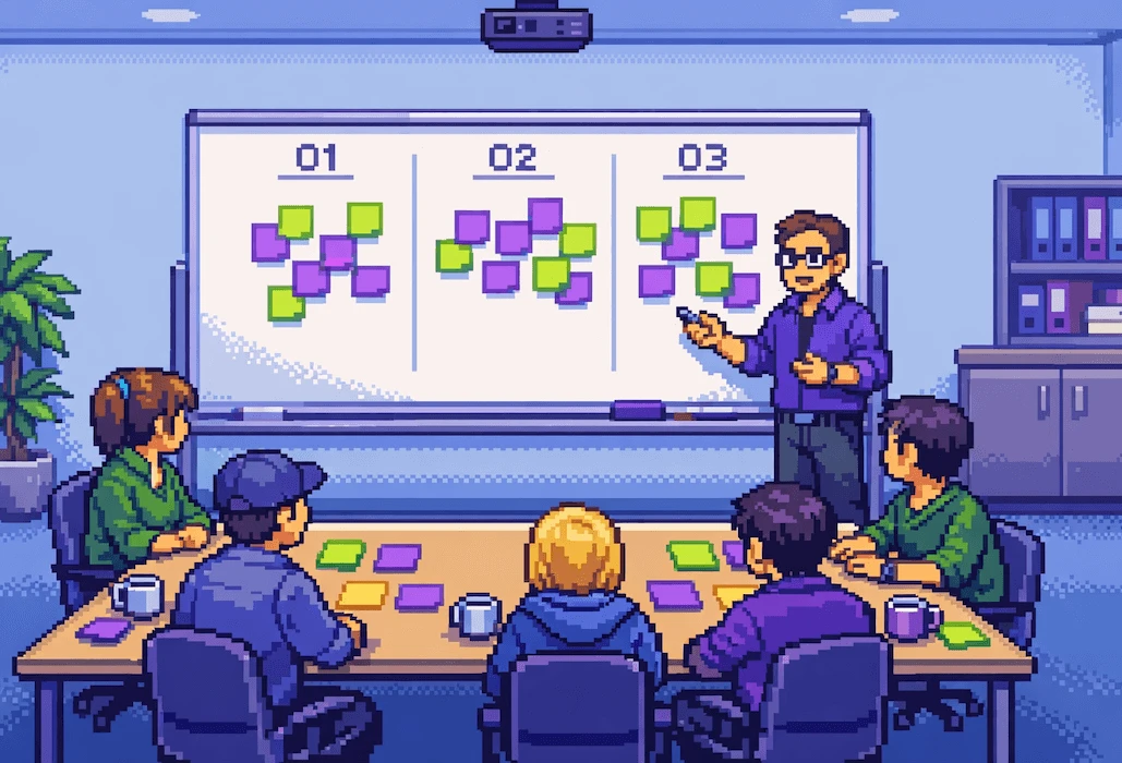 Product coach facilitating an OKR workshop with a team around a whiteboard with OKR sticky notes