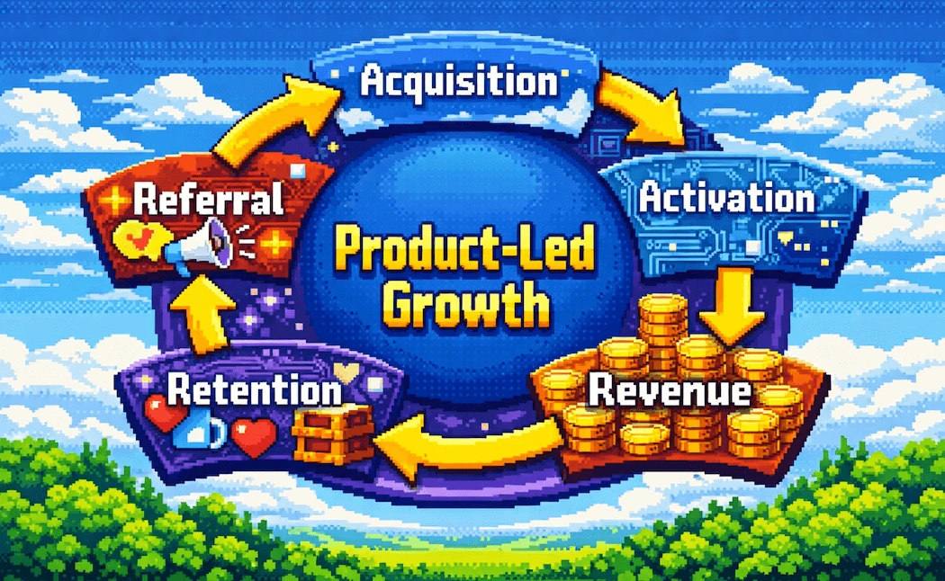 Product-led growth flywheel showing the continuous loop of acquisition, activation, revenue, retention, and referral