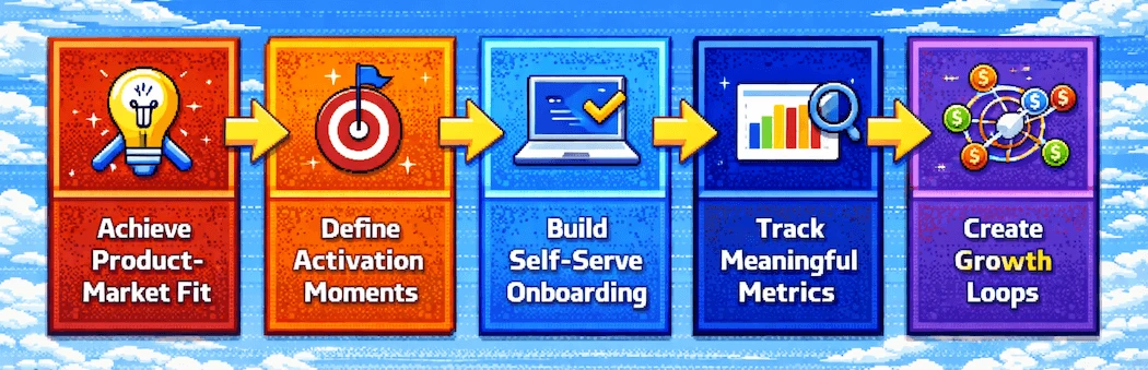 Five-step product-led growth implementation framework: achieve PMF, define activation, build self-serve, track metrics, create loops