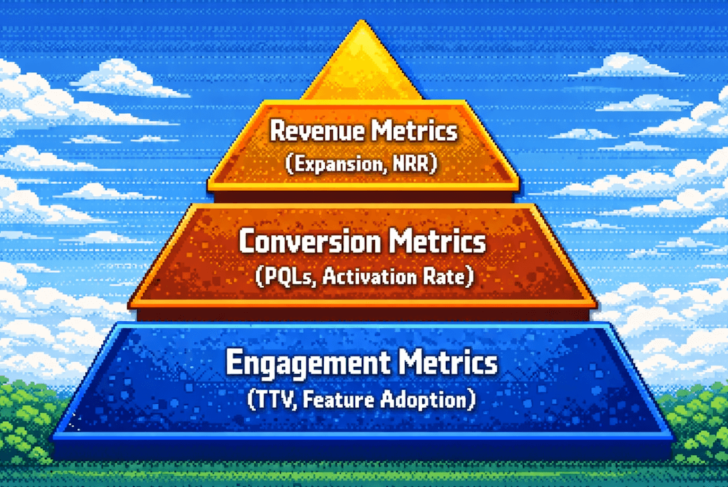 Product-led growth metrics framework showing key KPIs: PQLs, activation rate, time-to-value, expansion revenue, and net churn