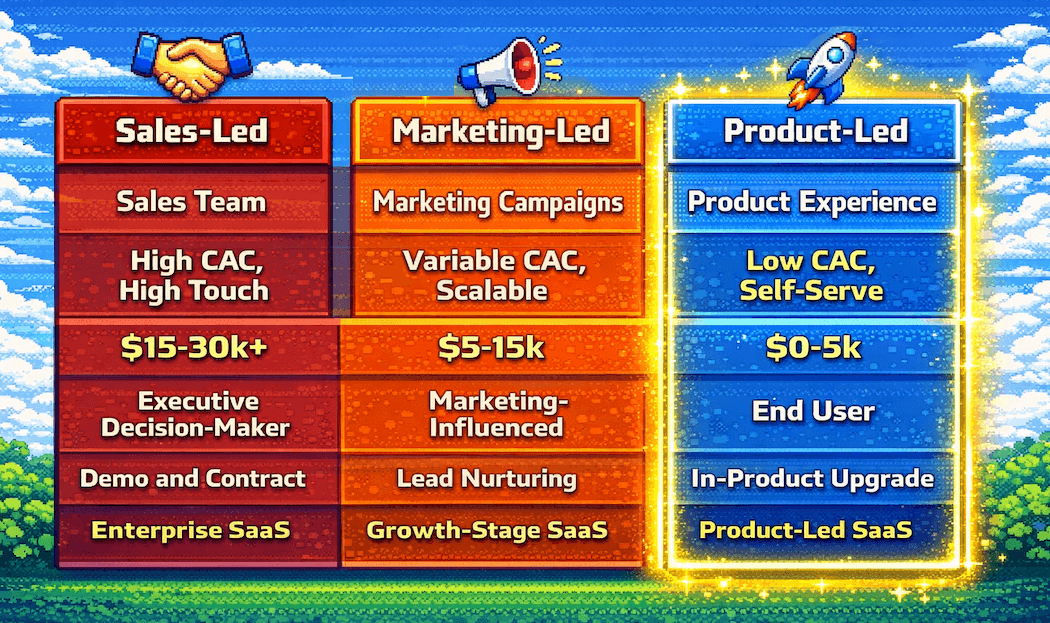 Comparison infographic showing differences between product-led, sales-led, and marketing-led growth models