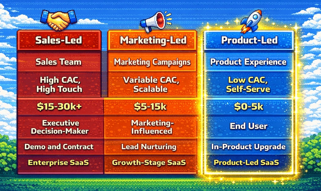 Comparison infographic showing differences between product-led, sales-led, and marketing-led growth models