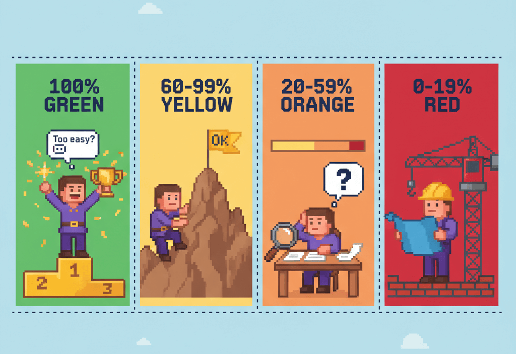 16-bit pixel art showing the OKR Coaching Scorecard with four color-coded scoring tiers: green 100%, yellow 60-99%, orange 20-59%, red 0-19%