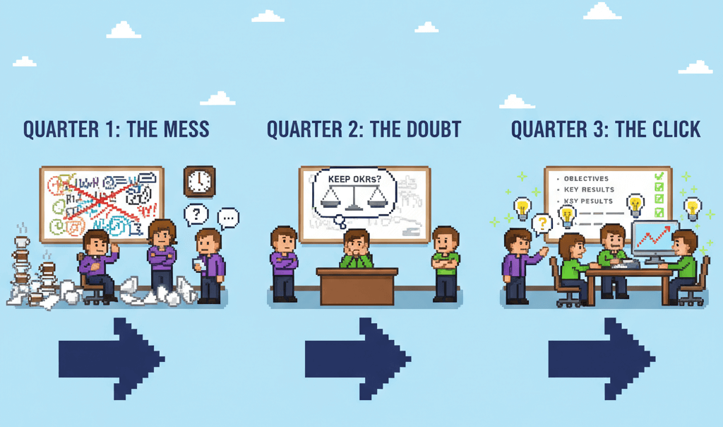 16-bit pixel art showing three quarters of OKR adoption: quarter 1 the mess, quarter 2 the doubt, quarter 3 the click