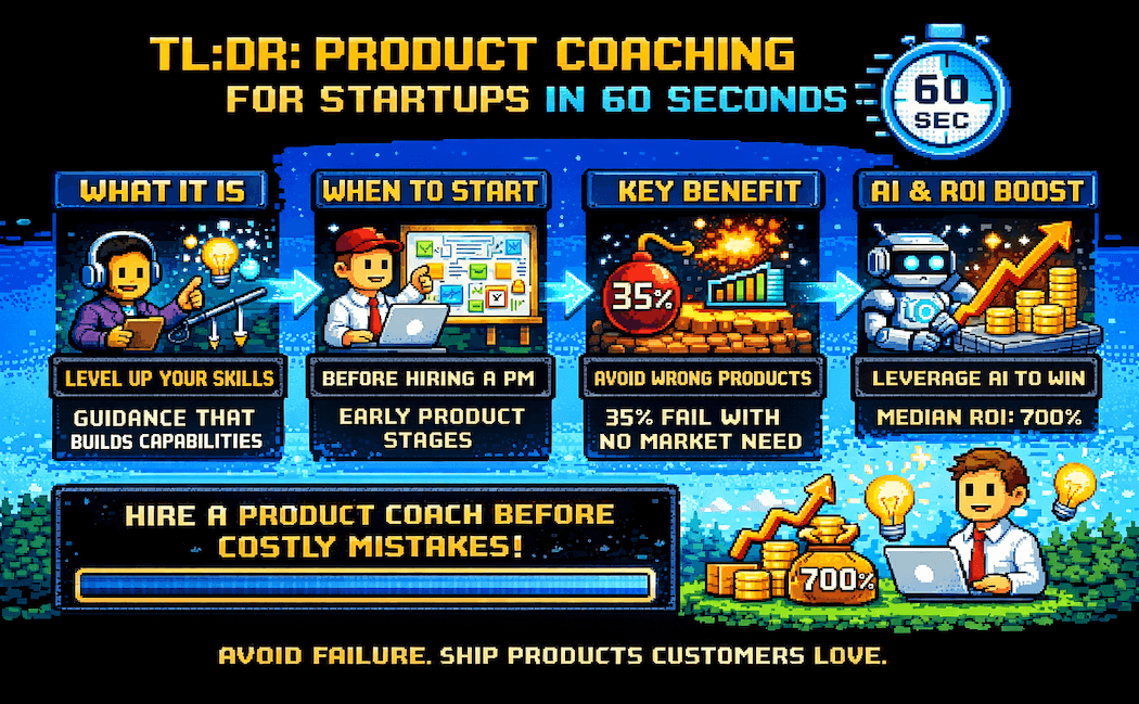 Pixel art showing a startup founder receiving product coaching guidance