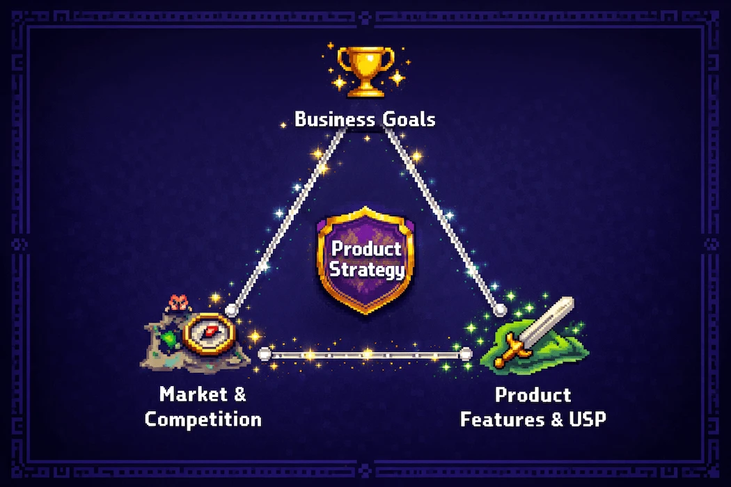 Product Strategy Elements Triangle: Business Goals, Market and Competition, and Product Features and USP