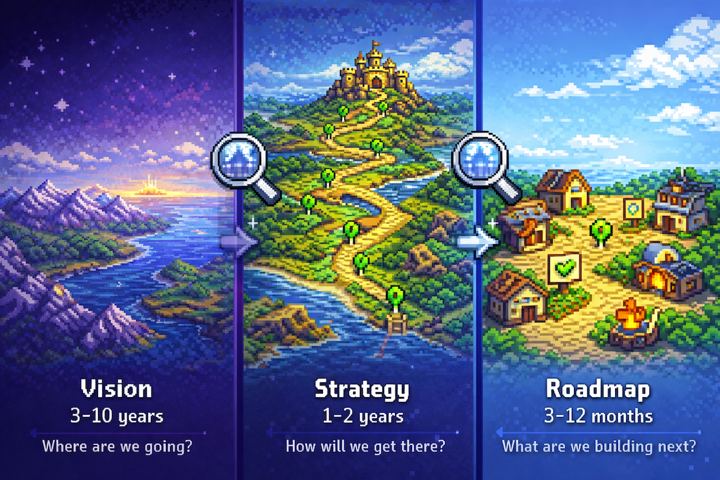 Vision to Strategy to Roadmap hierarchy: zooming in from world map to region to town