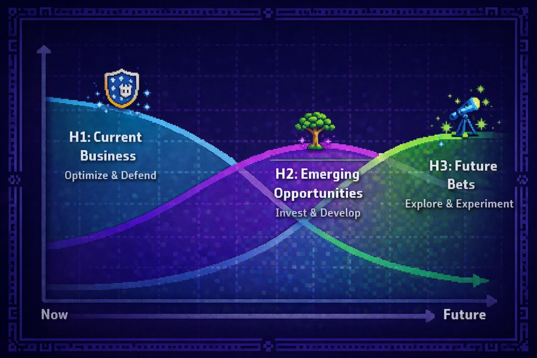 Three Horizons framework: Horizon 1 current business, Horizon 2 emerging opportunities, Horizon 3 future bets