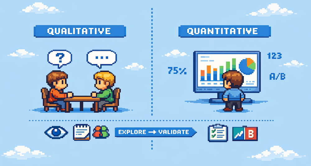 Decision framework showing when to use qualitative versus quantitative user research methods based on research goals and available knowledge