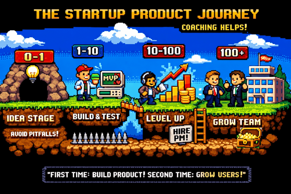 The four stages of startup product development: 0→1 Idea Validation, 1→10 MVP to PMF, 10→100 Early Traction, 100+ Growth